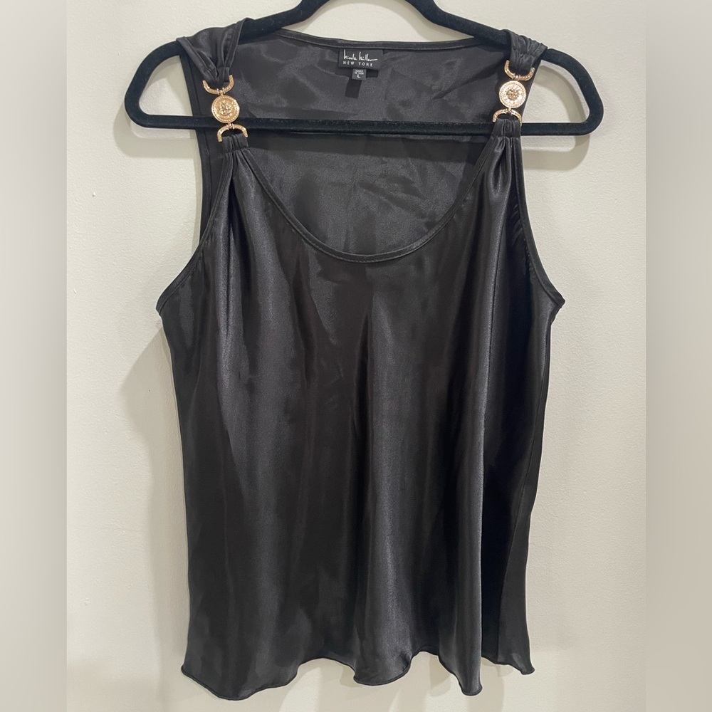 Nicole Hiller Black Satin Tank with Gold Buttons